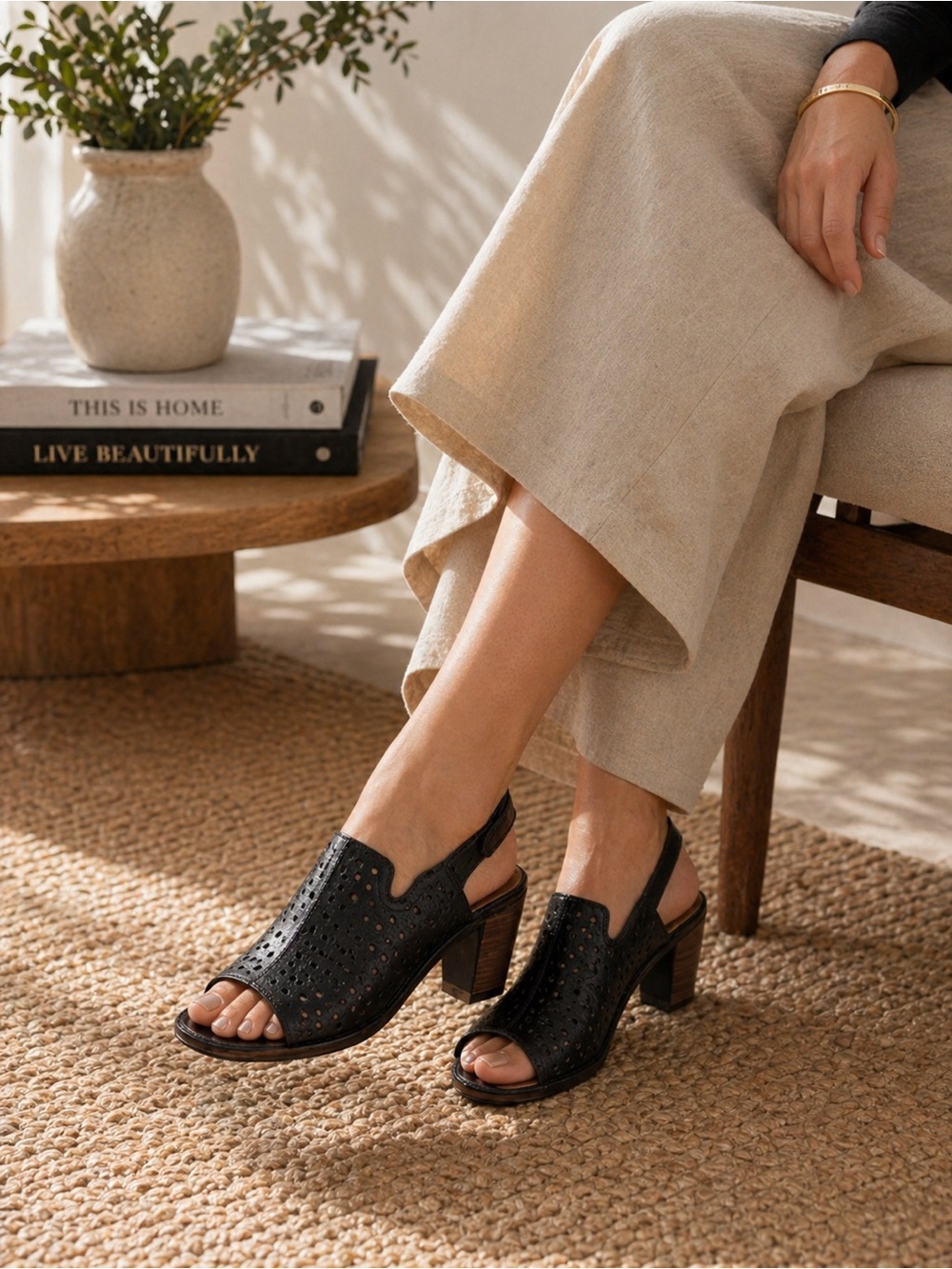 Regarde le Ciel Black Leather Slingback Sandals – Perforated, Comfort Sole Sz 38